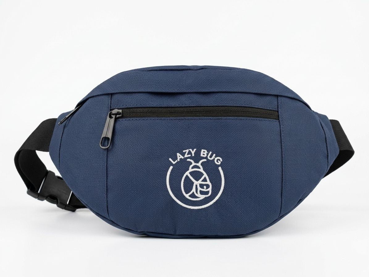 Navy blue waist bag with 'Lazy Bug' logo on a white background